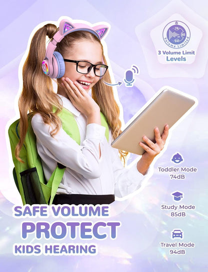 iClever BTH13 Bluetooth Headphones, Cat Ear LED Light Up Wireless Kids Headphones with Volume Limited (74/85/94dB), 45H Playtime, Children Headphones with MIC Over Ear for School/Tablet/PC, Purple