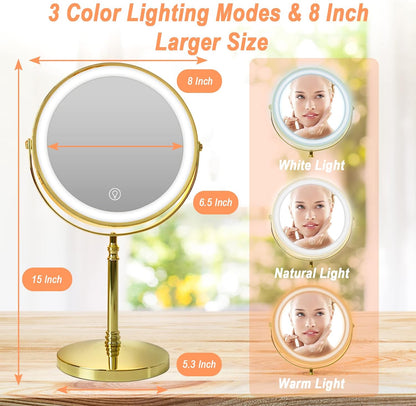 8'' Countertop Vanity Mirror, Stand Makeup Mirror with 3 Light Modes and Adjustable Lights, 360 Swivel Double Sided Standard and 10 Magnification Mirror,Rechargeable