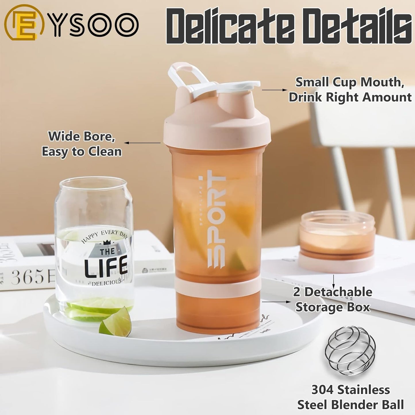 EYSOO Protein Shaker Bottle 2 Pack 500ml / 17oz Shaker Bottle for Protein Mixes Leak-proof BPA Free 3-Layer Protein Shaker with Supplement Pill Storage Container Gym Shaker Cup (Orange & Pink)