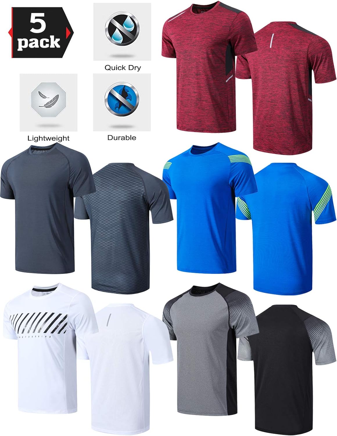 5 Pack Men’s Active Quick Dry Crew Neck T Shirts | Athletic Running Gym Workout Short Sleeve Tee Tops Bulk