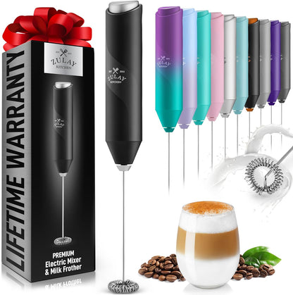 Zulay Executive Series Ultra Premium Gift Milk Frother For Coffee with Deluxe, Radiant Finish - Coffee Frother Handheld Foam Maker - Electric Milk Frother Handheld For Lattes (Black with Sleek Stand)