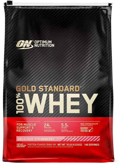 Optimum Nutrition (ON) Gold Standard 100% Whey Protein Powder Primary Source Isolate, 24 Grams of Protein for Muscle Support and Recovery - Delicious Strawberry, 10 Lbs, 146 Servings (4.53 KG)