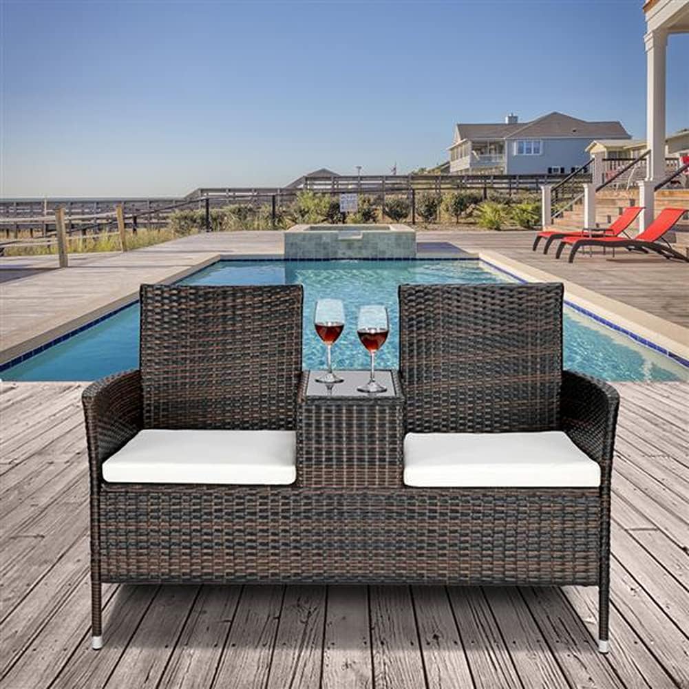 Out Patio Rattan Wicker Furniture with Cushions Double Couple Seat, Love Seat Perfect Front Porch Décor and Garden Poolside Balcony Furniture