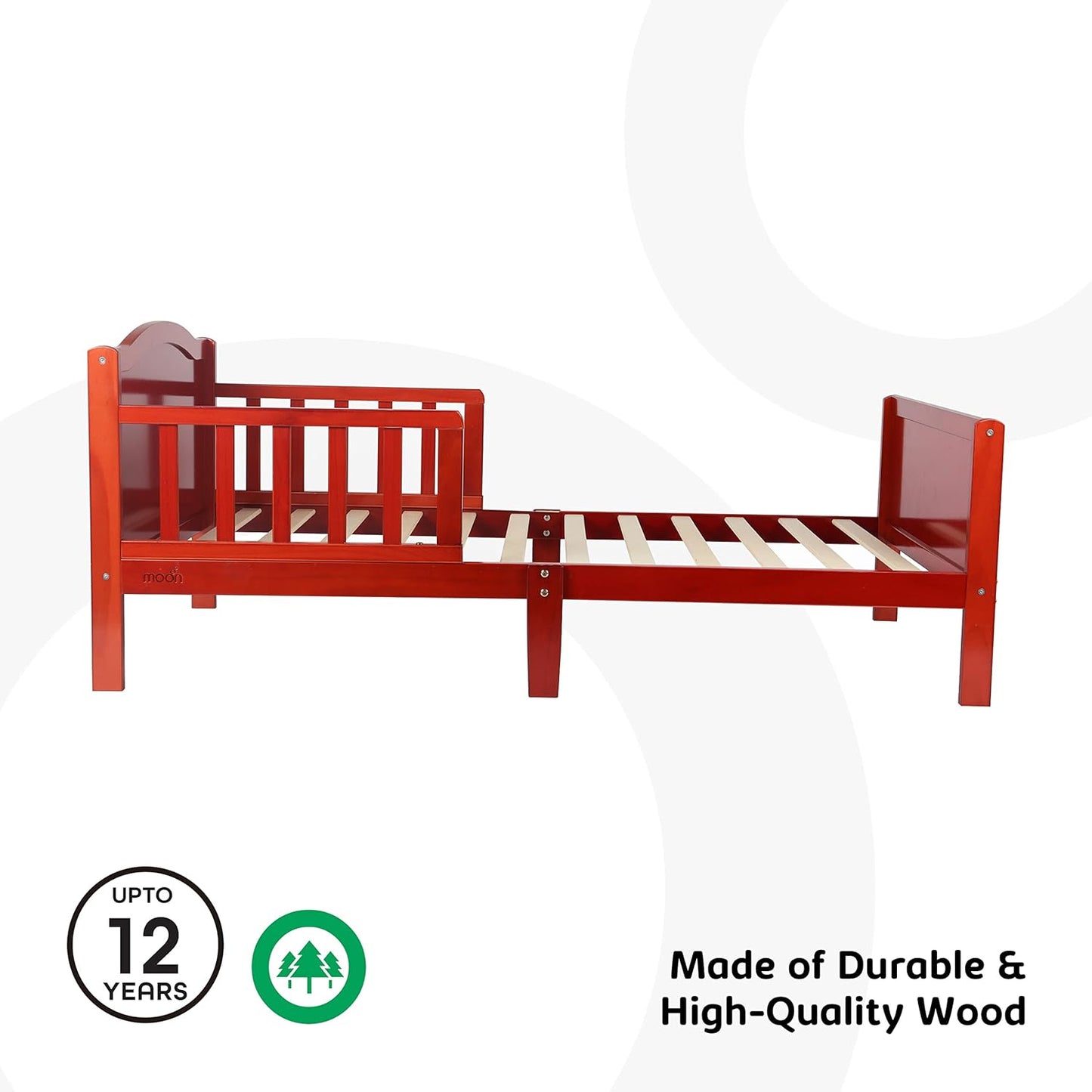 MOON Wooden Toddler Bed(143 x 73 x 60), with safety guard rail, stylish and durable,Environment-friendly, Durable and Decay resistant,Scratch-free, upto 50kg |3-12years|- Natural wood