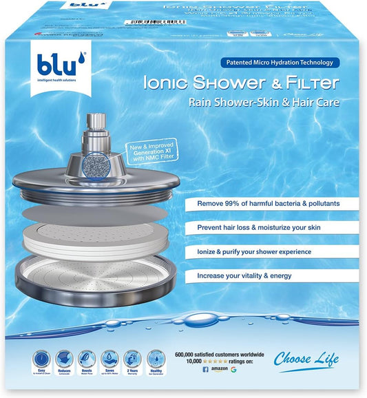 blu Ionic Shower Filter - Skin & Haircare - Removes Chlorine & Harmful Pollutants - Prevent Hair Loss & Moisturize your Skin - Rain Shower - Chrome