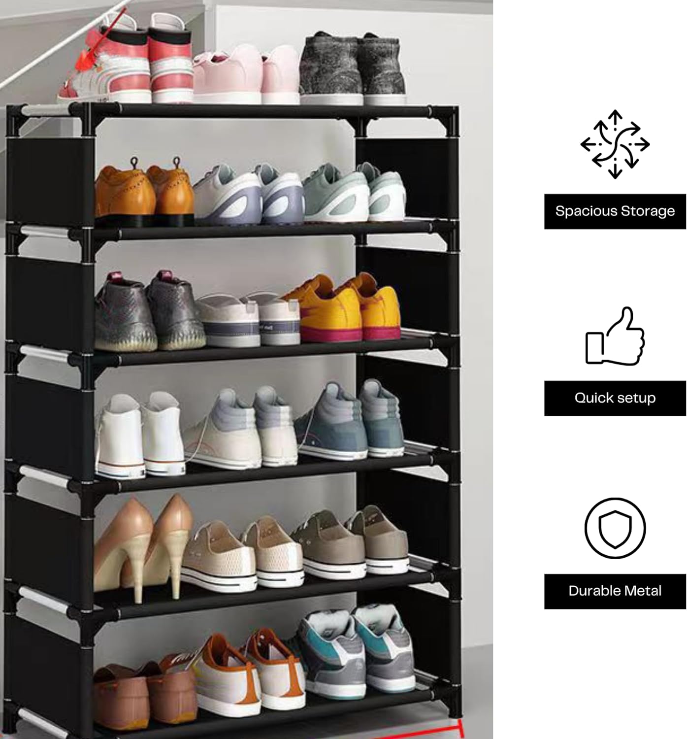 FLOEZY 6-Layer Shoe Rack Organizer, Standing Shoe Racks, Metal Stackable Shoe Shelf Storage, Space-Saving Expandable & Adjustable Shoe Tower for Home, Room, Hallway, Closet & More (Grey)