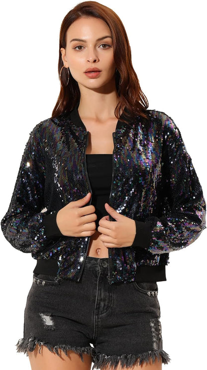 Allegra K Women's Halloween Sequin Sparkle Long Sleeve Zipper Bomber Jacket