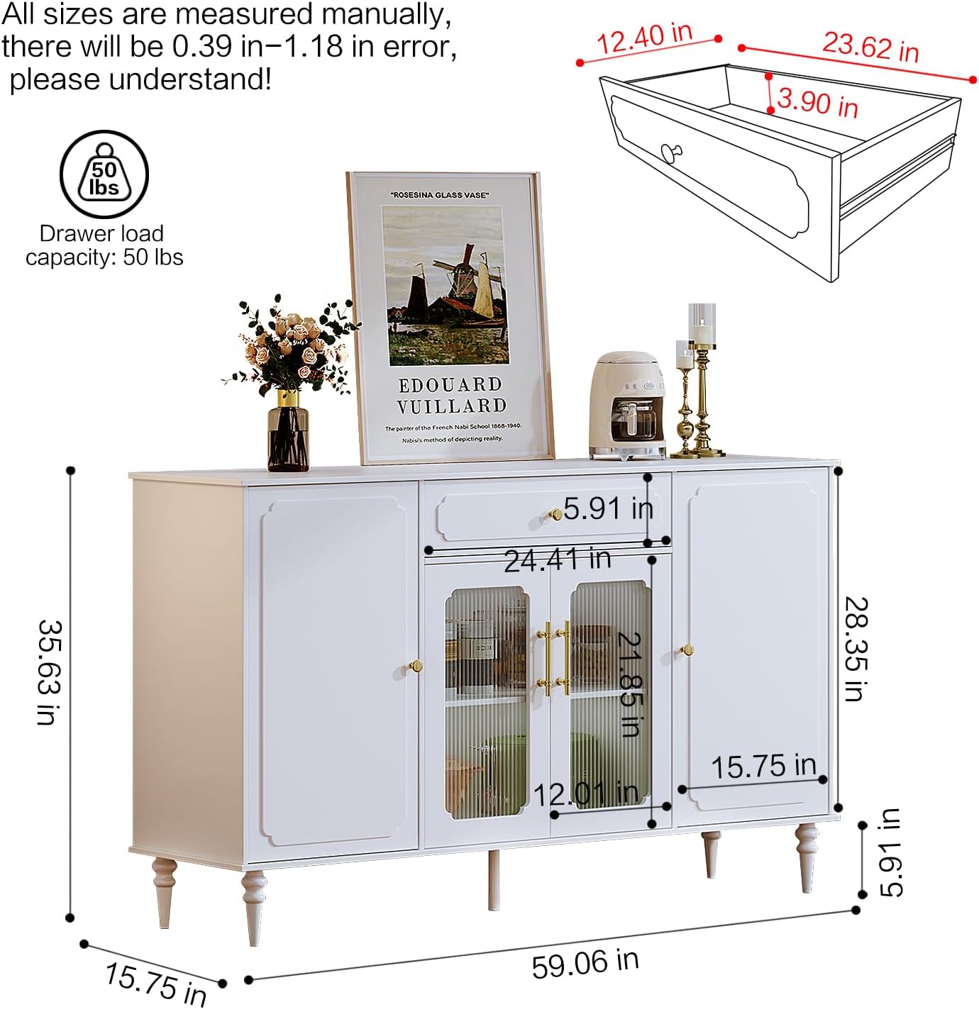 Sideboard Buffet Cabinet,Coffee Bar Cabinet with 4-Doors 1 Drawer,Accent Kitchen Storage Cabinet Console Table with Adjustable Shelves,Kitchen Cupboard for Living Room, Dining Room, Bedroom,Hallway