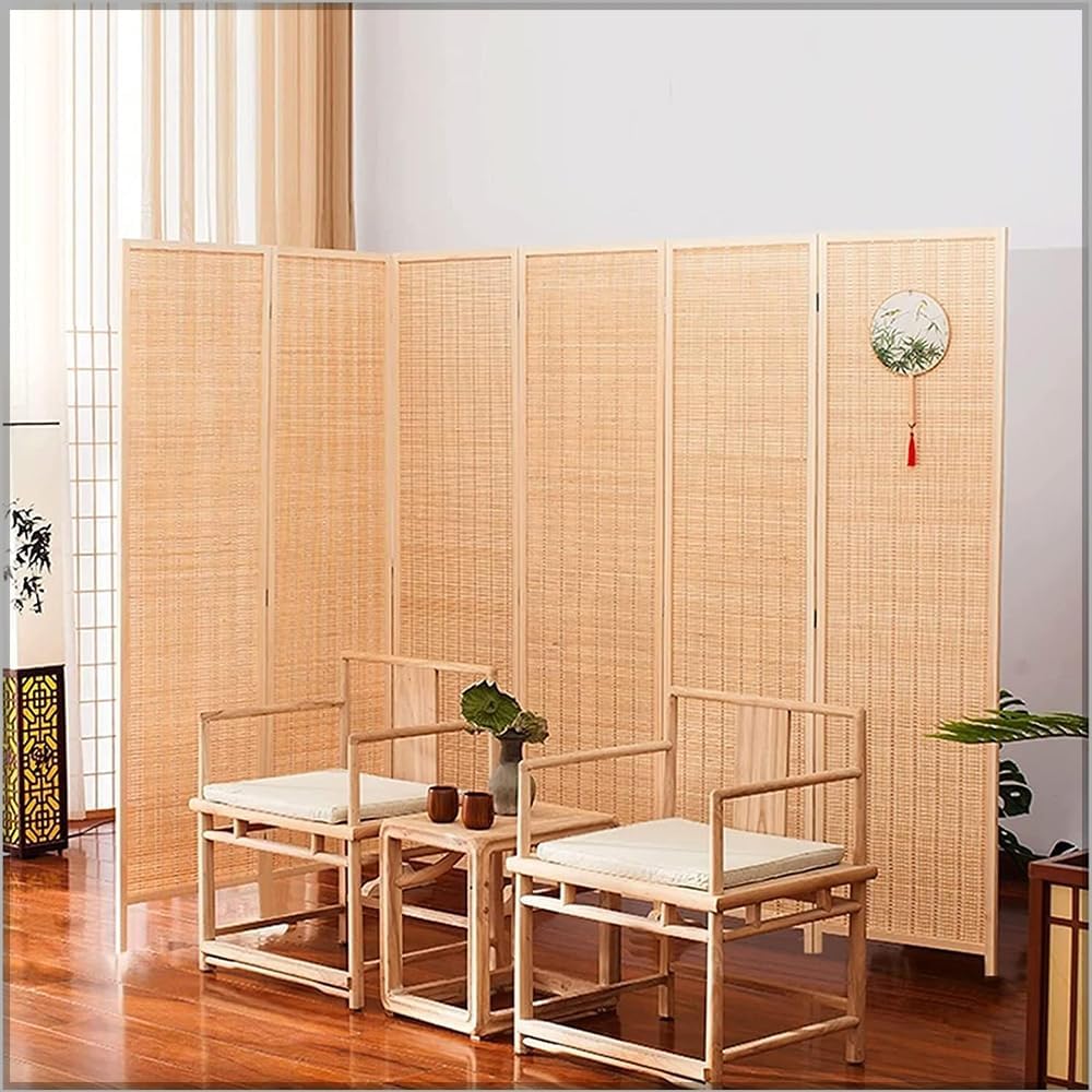 YATAI Wooden Room Dividers and Folding Privacy Screens 4 Panel Foldable Portable Fabric Room Separating Divider, Handwork Wood Mesh Woven Design Room Divider Wall,Fabric Brown Screen.HY230401