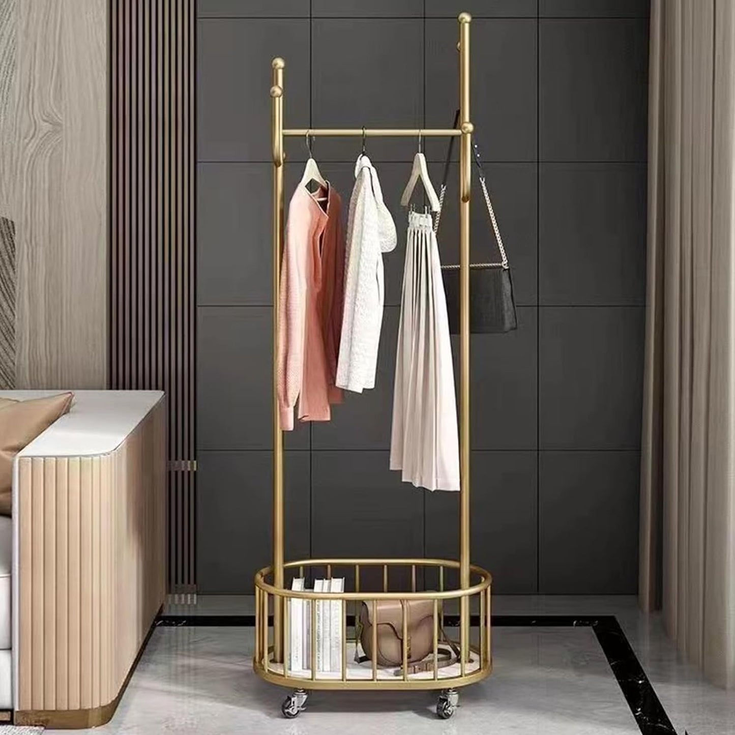 DAYONG Multifunction Coat Rack, Metal Coat Rack Freestanding with Hooks and storage basket, Coat Rack Stand Easy to Assemble, Suitable for Hanging Clothes, Bags, Hats, Scarf Accessories(Gold))