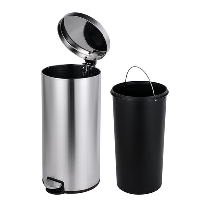 FCG Home - Bin, Classic Round Pedal Trash Can, Hands-Free Ideal For Kitchen, Bathroom, Bedroom, Office, Stainless Steel 30L Grey