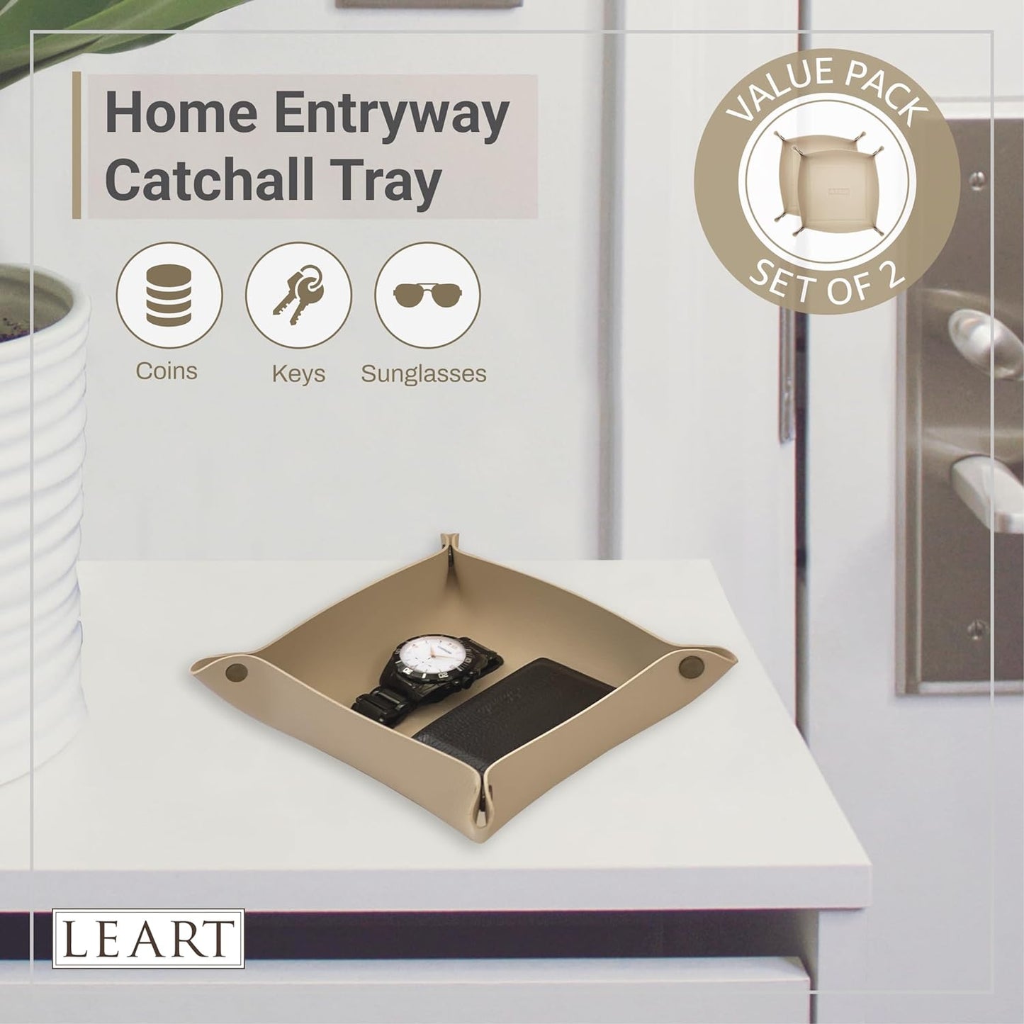 LEART Valet Tray - Small & Compact Catchall Tray | Desk, Bedside, Home Entrance Entryway Organizer | Valet Tray for Keys, Coins, Stationary, Jewellery (Caramel)