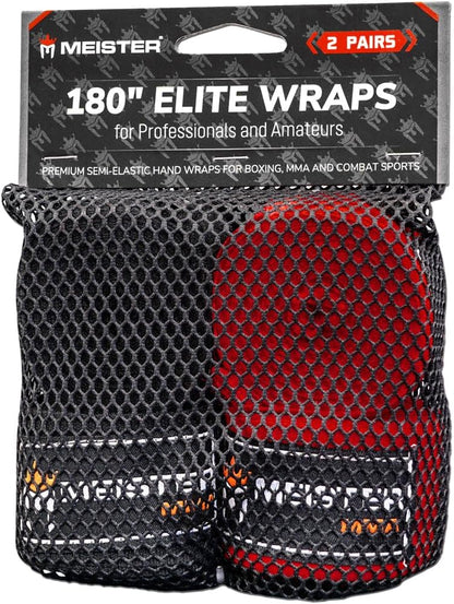 Meister ELITE 180" Premium Adult Hand Wraps for MMA & Boxing - 2 Pair Pack w/Mesh Bag