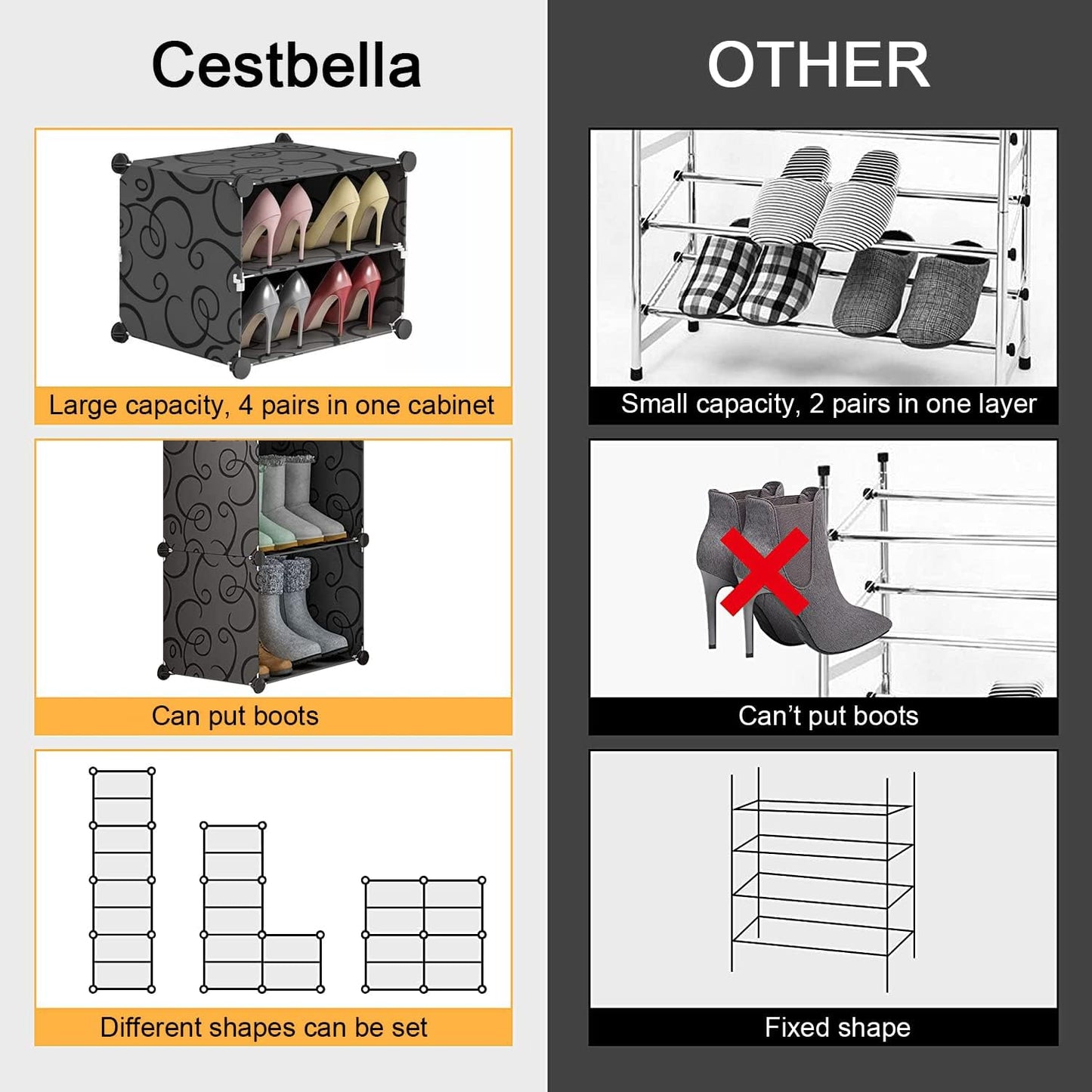 Cestbella 8 Tiers Shoe Rack 4 Cube DIY Plastic Shoes Cabinet with Doors Portable Modular Shoe Storage Organizer Tower Shelf Expandable Shoes Stand Space Saver for Entryway Hallway and Closet