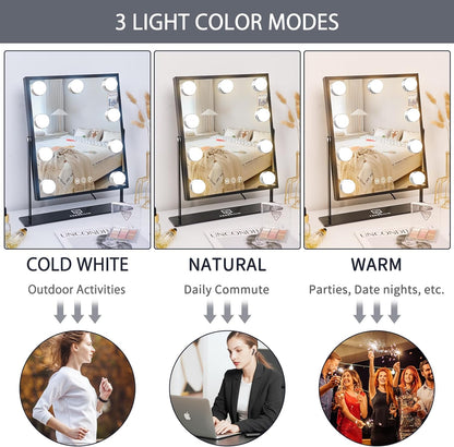 FENCHILIN White Hollywood Vanity Mirror with Lights 9 Dimmable Bulbs Wireless Charger Bluetooth Speaker Makeup Mirror with Smart Touch Control for Glam Room Bedroom Detachable 10X Magnification…