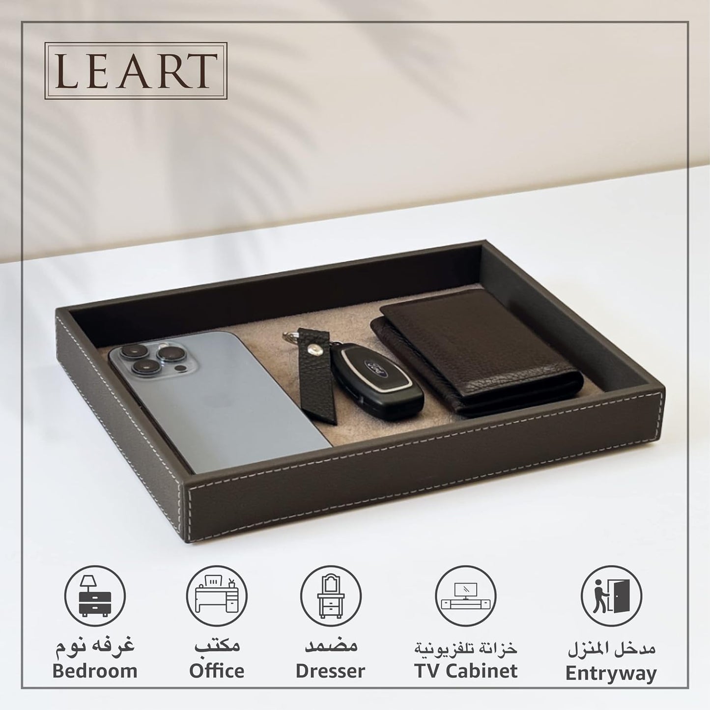 LEART Valet Tray for Men & Women – Leather Tray Organizer | Bedside, Nightstand, Office Desk Organizer Tray | Catchall Tray (Black)