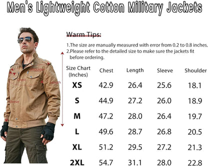 Men's Military Jacket Cargo Casual Coat Lightweight Outwear Cotton Stand Collar Windbreaker