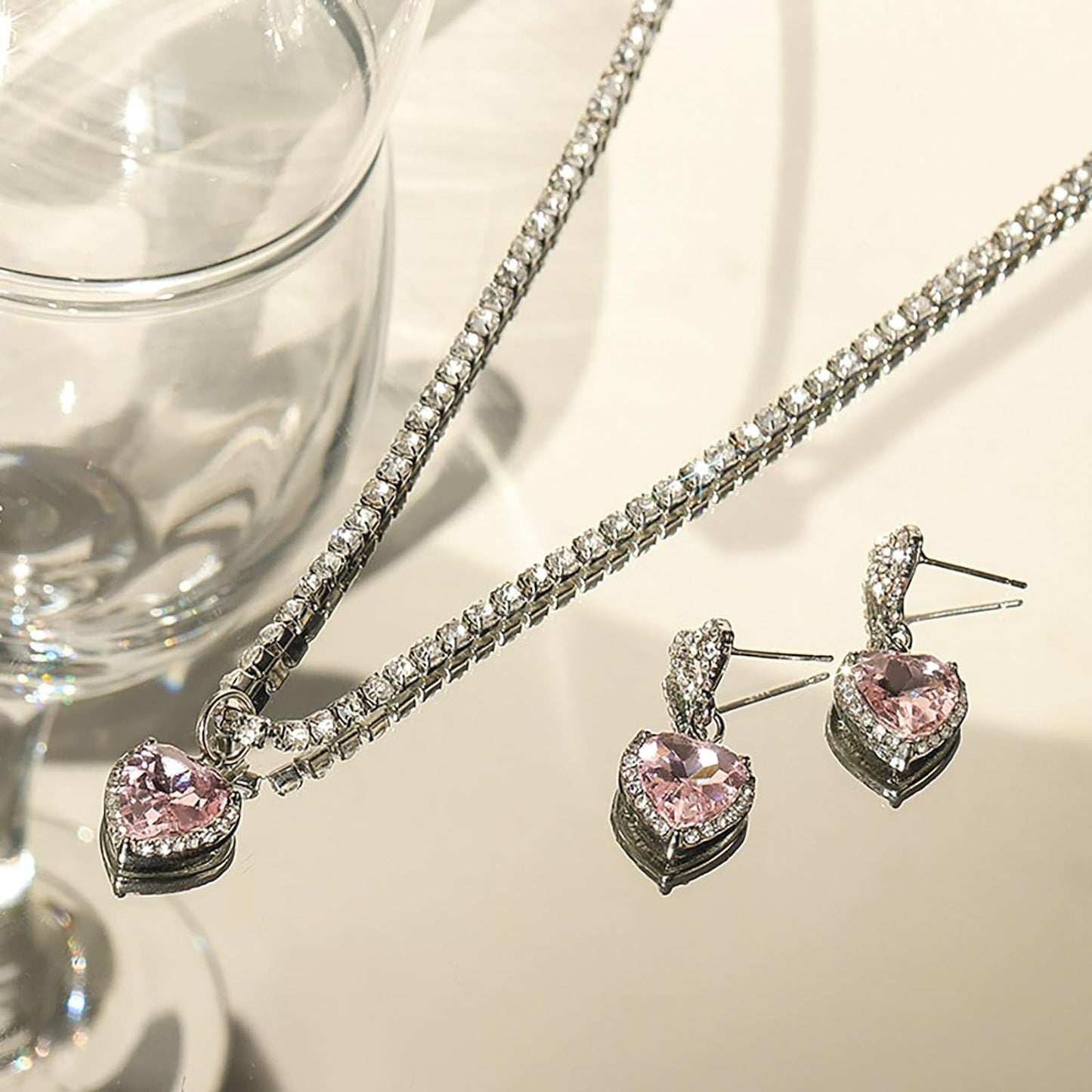 JAVARNV Heart Necklace Earrings Set for Valentine's Day Pink Rhinestone Necklace Earrings Jewelry Set Heart Crystal Pendant Necklace Gifts