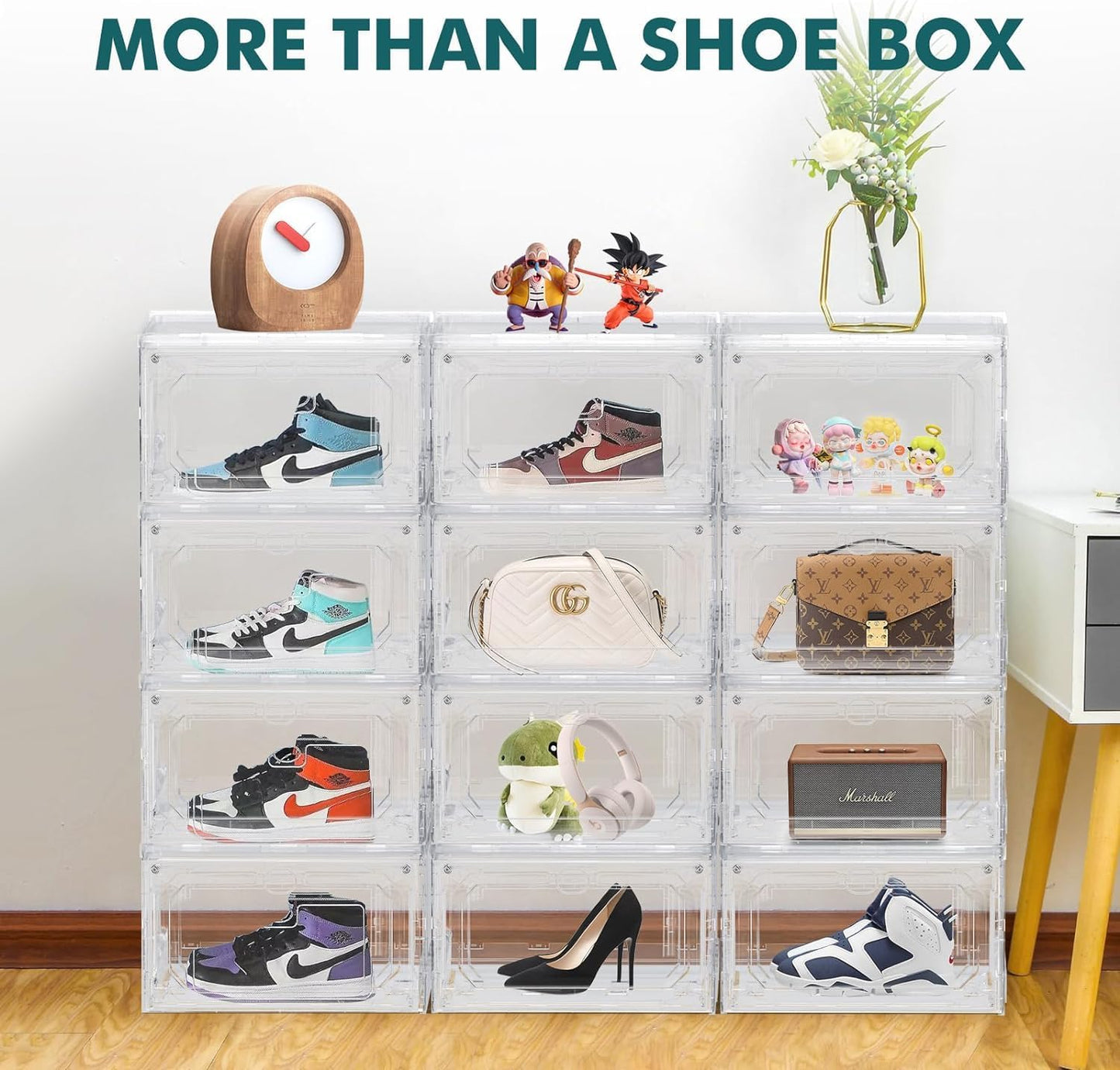 Stackable Shoe Box Large Shoe Storage Box Plastic Clear Sneaker Display Box with Magnetic Door for Shoes, Hat, Bags and Closet Organizer and Display (Grey, 10Pcs)