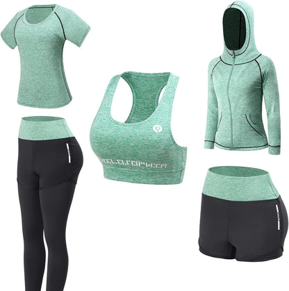 Women's 5pcs Yoga Suit Ladies Workout Outfit Sportsuits Running Jogging Gym Sweatsuit Women's Activewear Sets Sport Yoga Fitness Clothing