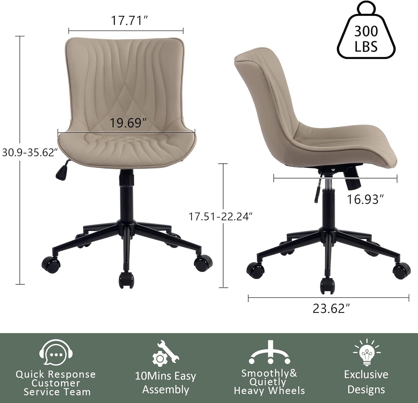 YOUTASTE Ergonomic Office Desk Chair Faux Leather with Wheels Adjustable Home Vanity Chairs Modern Padded Swivel Lounge Chairs Rocking Computer Task Chair with Back Grey