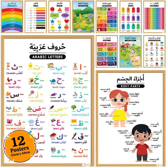 ESSEN Arabic Alphabet Educational Preschool Posters Learning Charts in Arabic For Kids Toddlers Arabic Alphabets, Numbers, Shapes, Colors, Animals, Days of Week, Fruits, Body Parts &more - Set of 12