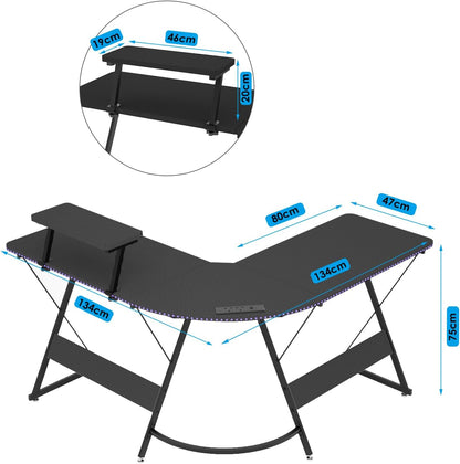 JINQI L-Shaped Computer Table,Gaming Desk With Led Lights & Power Outlets, Computer Desk with Monitor Stand & Carbon Fiber Surface, With Cup Holder Corner Desk, With Earphone Hooks Gaming Table