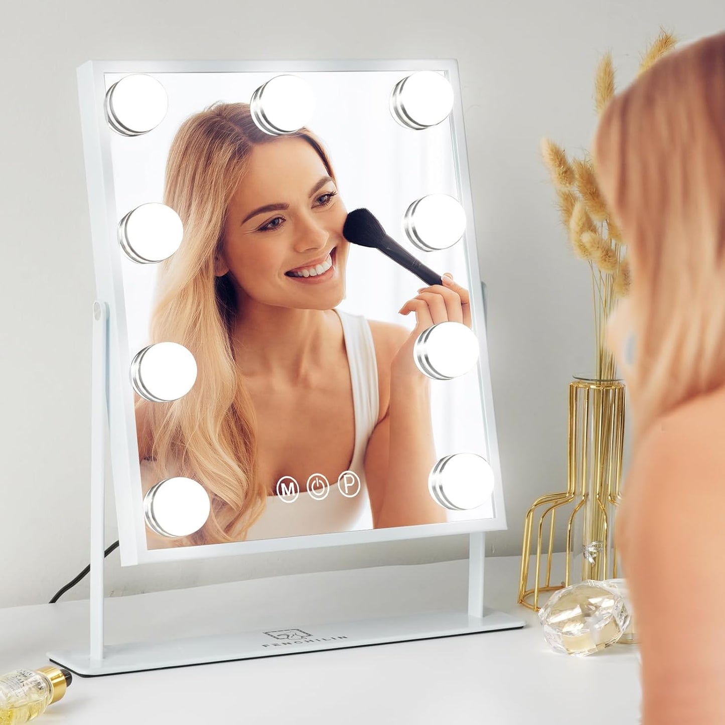 FENCHILIN White Hollywood Vanity Mirror with Lights 9 Dimmable Bulbs Wireless Charger Bluetooth Speaker Makeup Mirror with Smart Touch Control for Glam Room Bedroom Detachable 10X Magnification…