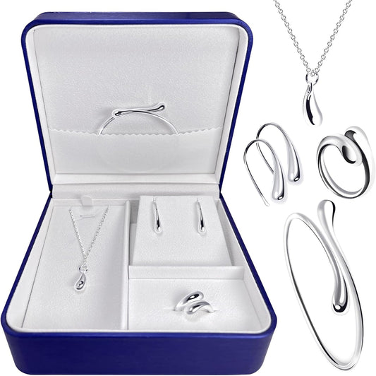 YUSPENYE Handmade 925 Sterling Silver Jewelry Set for Women with Open Bangle Bracelet, Earrings, Necklace, and Ring hoop - Valentine's Day Gift in Gift Box