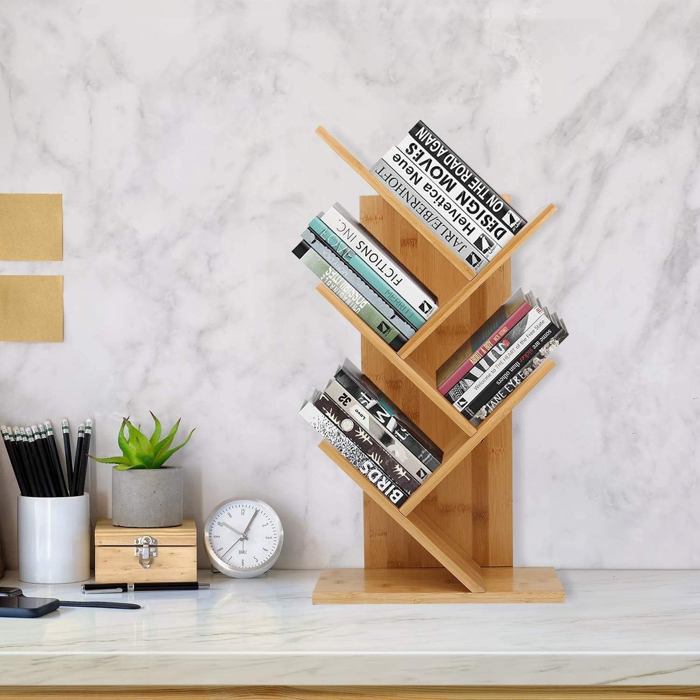 U-HOOME 8-Shelf Bookshelf Tree Bookcase Wood Bookshelves Storage Rack MDF Tree Book Shelf Display Organizer for Books,Magazines,CDs and Photo Album Holds Up to 5kgs Per Shelf ，White