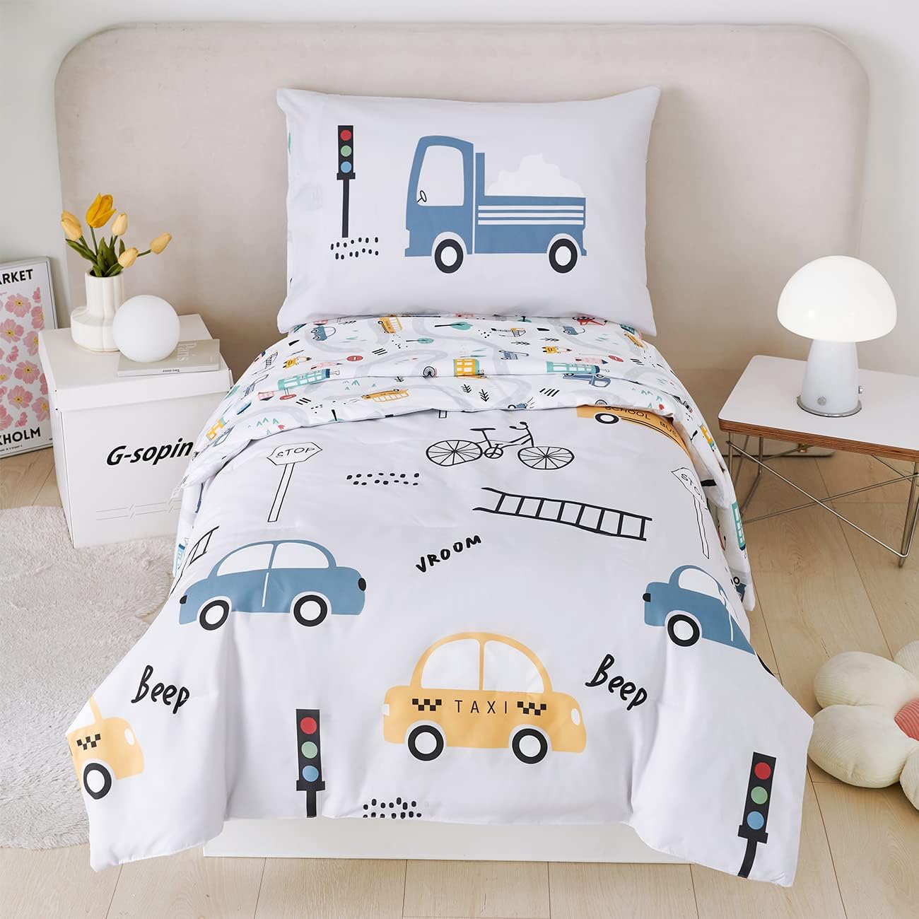 PERFEMET Toddler Bedding Kids 4 Pieces Bed in A Bag for Boys Cars Printed Microfiber Toddler Comforter Sets with Standard Pillow Case Modern Bedroom Collection, White