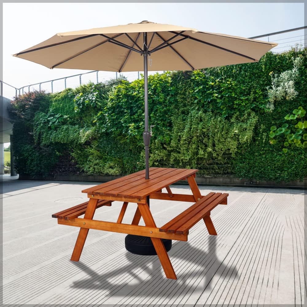 Yatai Outdoor Acacia Wood Table & Bench Set With Umbrella Hole, Kids Backyard Furniture A-shape frame Bench Outdoor Backyard Garden Furniture Picnic table