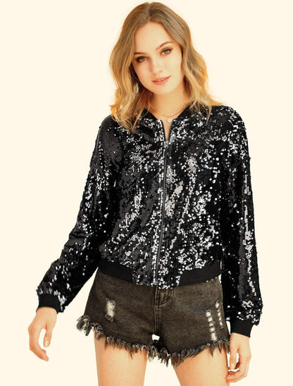 Allegra K Women's Halloween Sequin Sparkle Long Sleeve Zipper Bomber Jacket