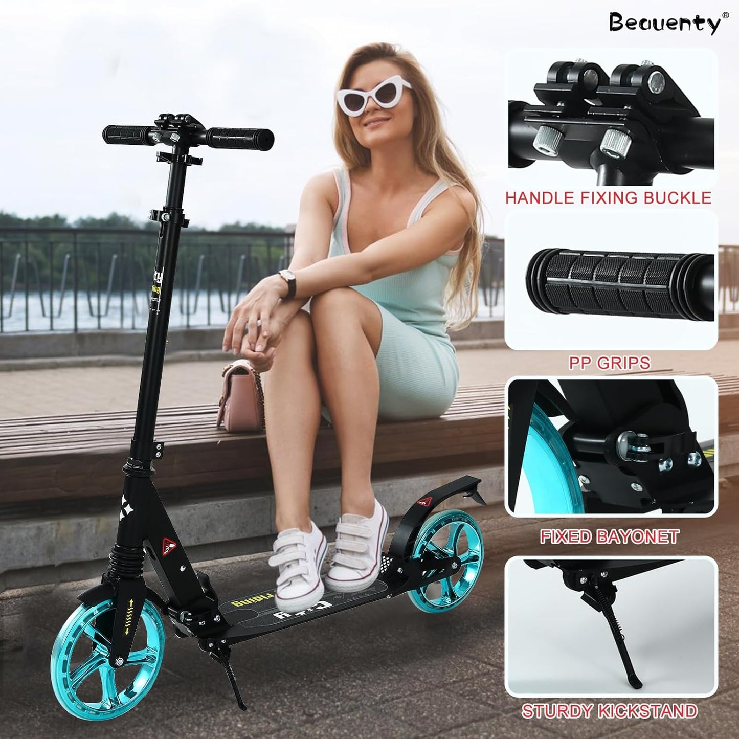 Beauenty 2 Wheels Scooter for Teens, Kick Scooter with Anti-shock Suspension and Adjustable Handlebar for Kids to Adults