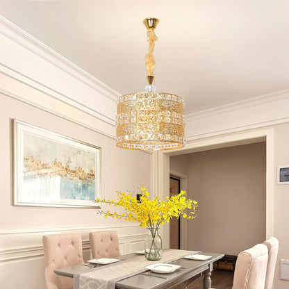 YATAI 4-Bulb Modern Golden Drum Crystal Chandelier Hanging Pendant Lighting Farmhouse Metal Ceiling Light Fixture for Kitchen Dining Room Living Room Foyer Hallway Entryway,Coverage Area 8-15㎡