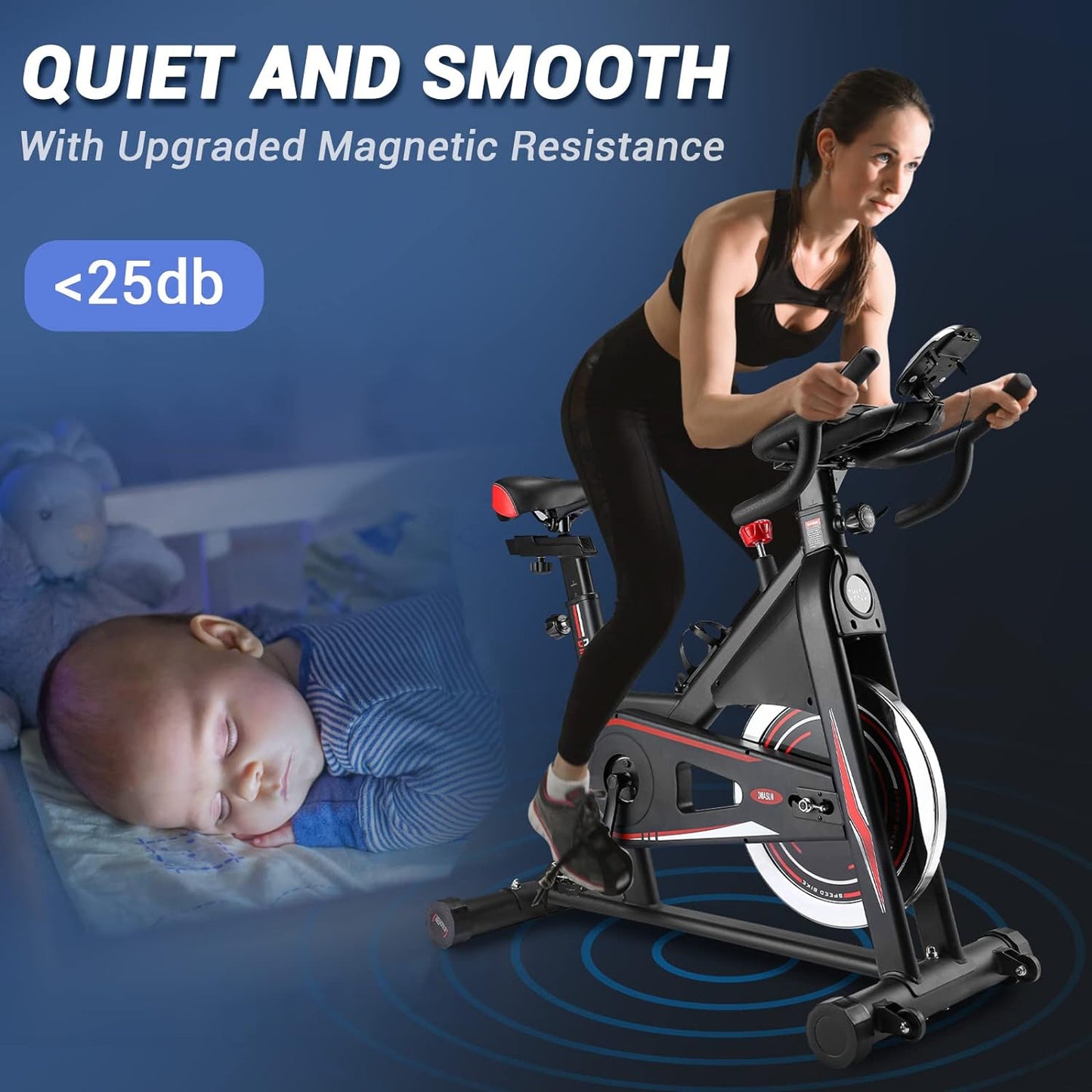 Exercise Bike, DMASUN Indoor Cycling Bike Stationary, Comfortable Seat Cushion, Multi - grips Handlebar, Heavy Flywheel Upgraded Version