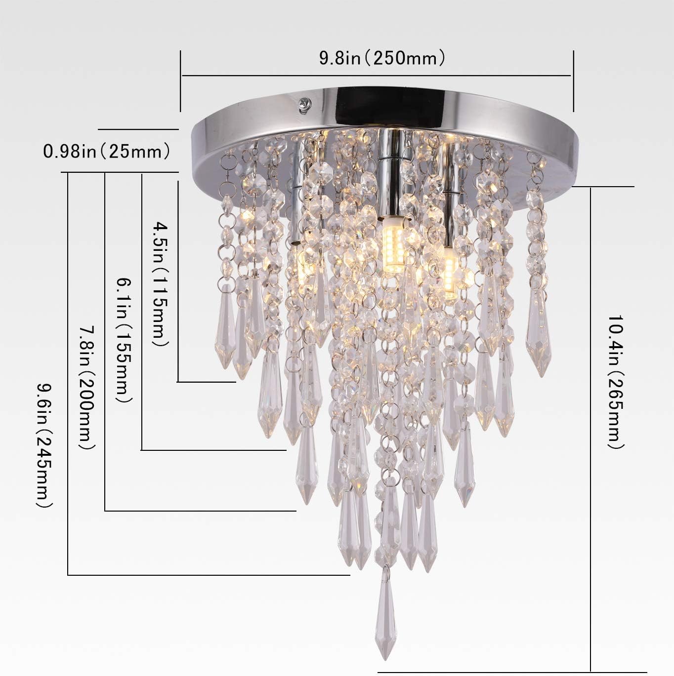 Garwarm Crystal Chandeliers, Chrome silver，Modern Flush Mount Ceiling Lamp 3-Lights Hanging Chandelier Lighting for Bedroom,Hallway,Aisle(Bulbs NOT Included)