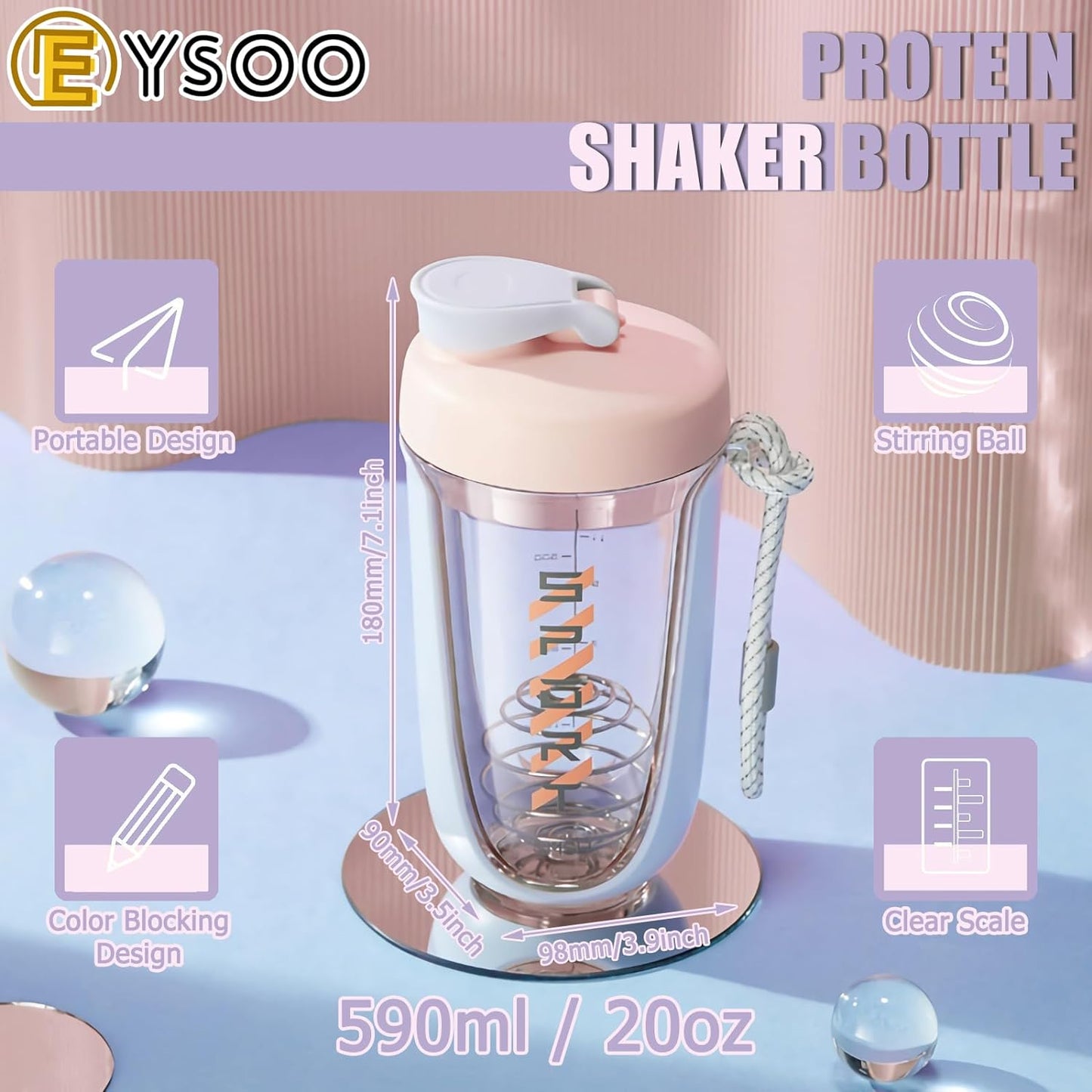 EYSOO Protein Shaker Bottle Protein Drink Shaker Cup 20 oz Shaker Bottle for Protein Mixes Leak-proof BPA-free Protein Mixer Cup with Blender Ball for Gym Fitness Workout (White)