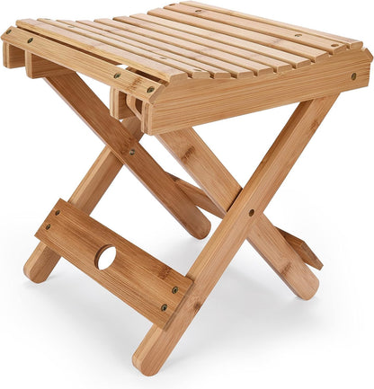 Skade Bamboo Folding Stool, Foldable Bench for Bathroom Spa Sauna, Bath Chair for Shaving, Portable Indoor & Outdoor Foot-Rest Chair, Wooden Seat Step, Shower Chair for Adults Kids Elderly