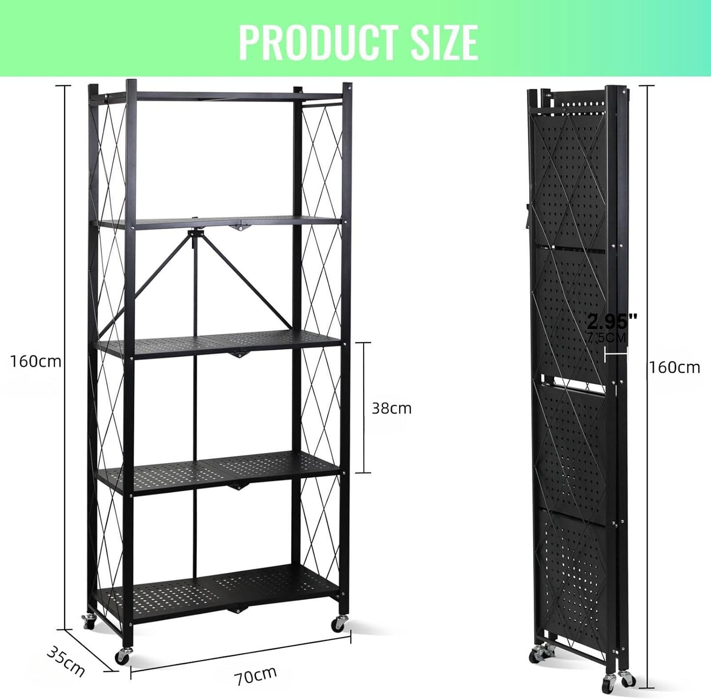 SKY-TOUCH 5 Tier Foldable Storage Shelves, Multi-Shelf Foldable Storage Rack for Kitchen Garage Home, Standing Shelf Units with Wheels (Black)