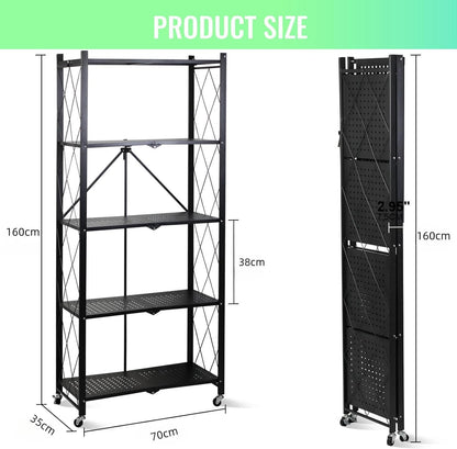 SKY-TOUCH 5 Tier Foldable Storage Shelves, Multi-Shelf Foldable Storage Rack for Kitchen Garage Home, Standing Shelf Units with Wheels (Black)