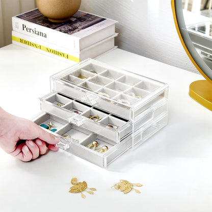 ProCase Earring Organizer Jewelry Organizer Box with 3 Drawers, Acrylic Stackable Jewelry Holder Clear Earring Storage Case with Adjustable Velvet Trays for Women on Dresser Vanity -Grey, 3 Layers