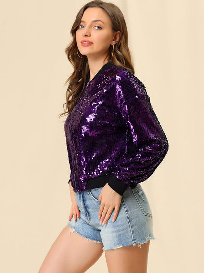 Allegra K Women's Halloween Sequin Sparkle Long Sleeve Zipper Bomber Jacket