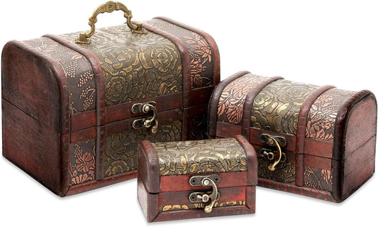 Set of 3 Small Wooden Treasure Chest Boxes with Flower Motif, Decorative Vintage Style Trunks for Jewelry Keepsakes (3 Sizes)