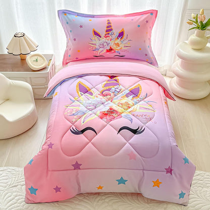 KINBEDY 4 Piece Unicorn Toddler Bedding Sets for Girls Pink Floral Cartoon Bed Sheets Toddler Bed Comforter Set for Baby Girls Bedroom Set | Include Comforter, Flat Sheet, Fitted Sheet, Pillowcase