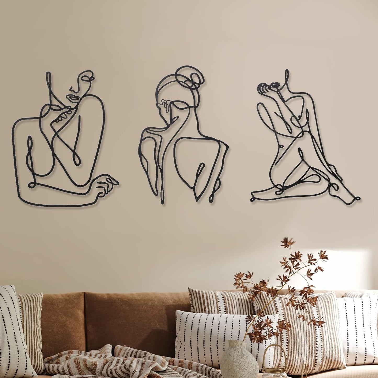 3 Pcs Metal Wall Art Decor Minimalist Abstract Woman Wall Art metal Modern Line Drawing Wall Art Decor Female Single Line Wall Home Hanging for Bedroom Kitchen Bathroom Living Room(Black, Modern)