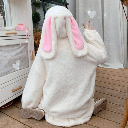 Women Cute Bunny Ear Long Sleeve Fuzzy Fluffy Rabbit Tops Sweatshirt Hoodie Jacket Coats