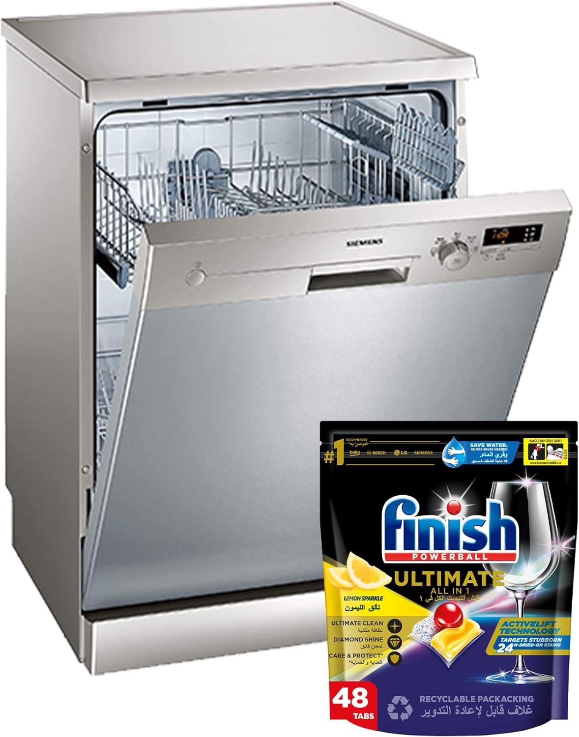 Siemens 5 Programs 12 Place Settings, Free Standing Dishwasher, Silver Sn25D800Gc."Min 1 year manufacturer warranty\