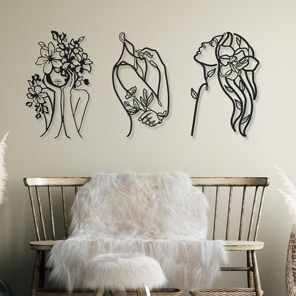 3 Pcs Metal Wall Art Decor Minimalist Abstract Woman Wall Art metal Modern Line Drawing Wall Art Decor Female Single Line Wall Home Hanging for Bedroom Kitchen Bathroom Living Room(Black, Modern)