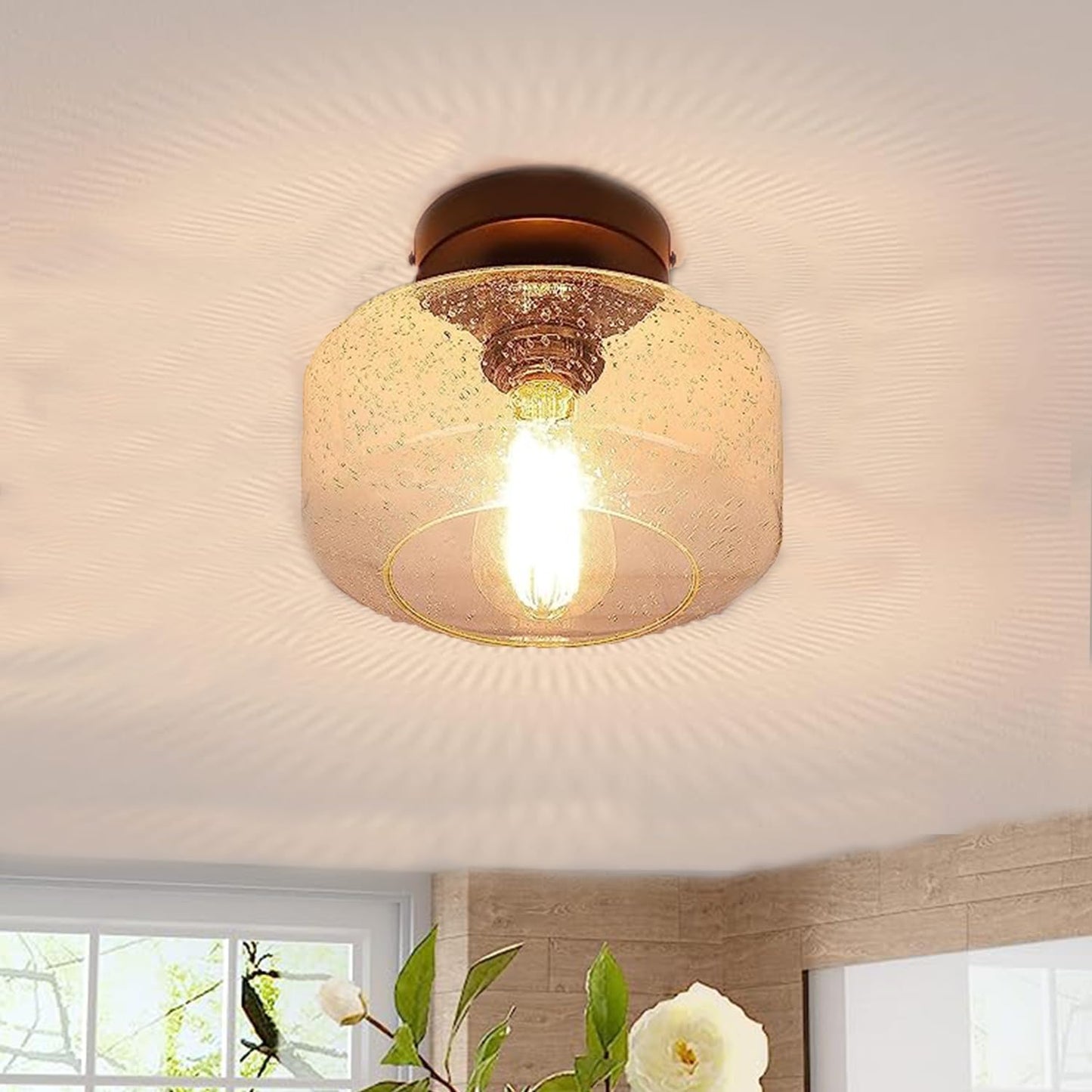 LENND Industrial Semi Flush Mount Ceiling Light, Clear Glass Pendant Lamp Shade, Farmhouse Lighting for Porch Hallway Kitchen Bedroom, Vintage Hanging Light Fixtures, Bulb Not Included